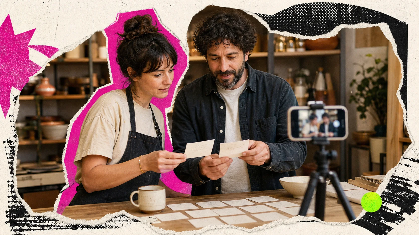 La titolare di un'attività e un autore scelgono domande reali dei clienti prima di registrare