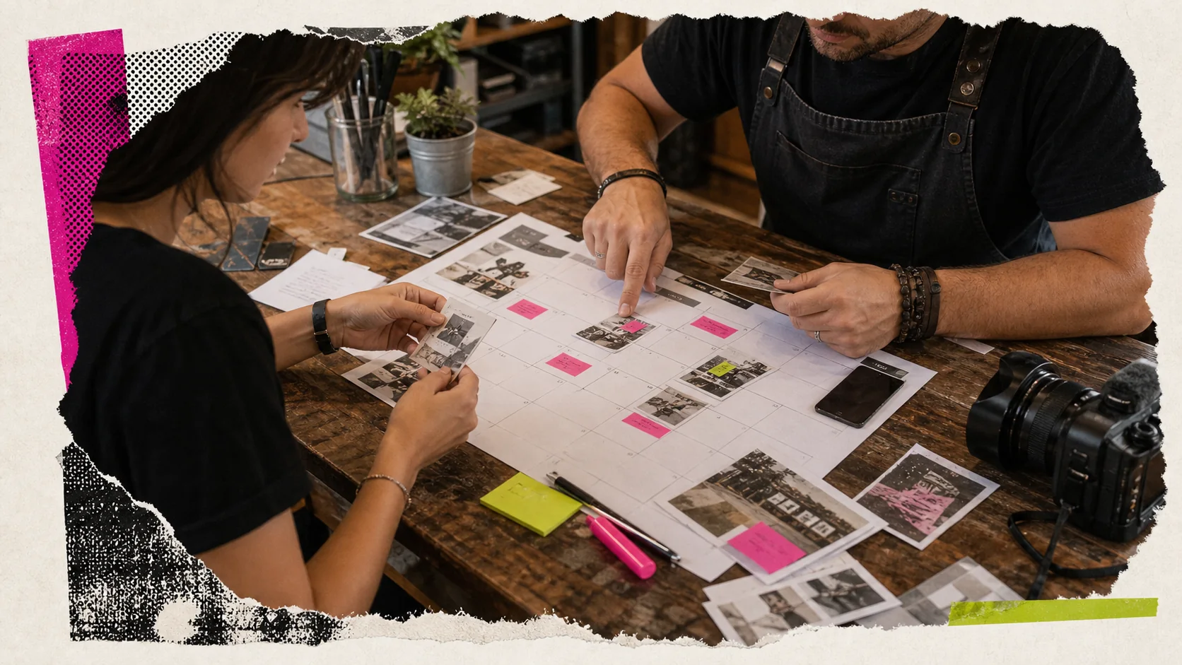 Due persone organizzano fotografie e domande dei clienti in un piano editoriale mensile