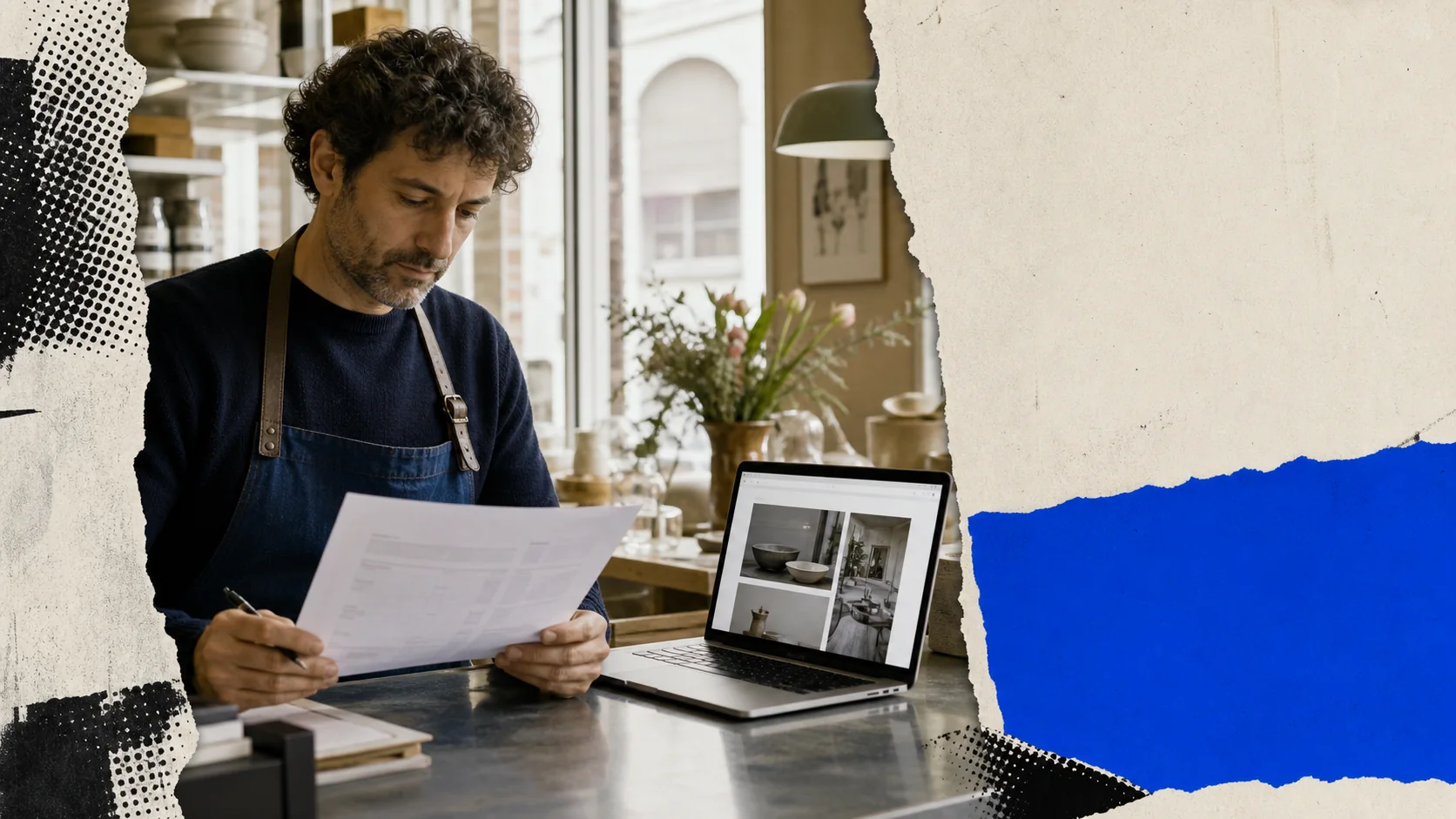 Il titolare di una piccola attività confronta il preventivo del sito con il progetto aperto sul portatile