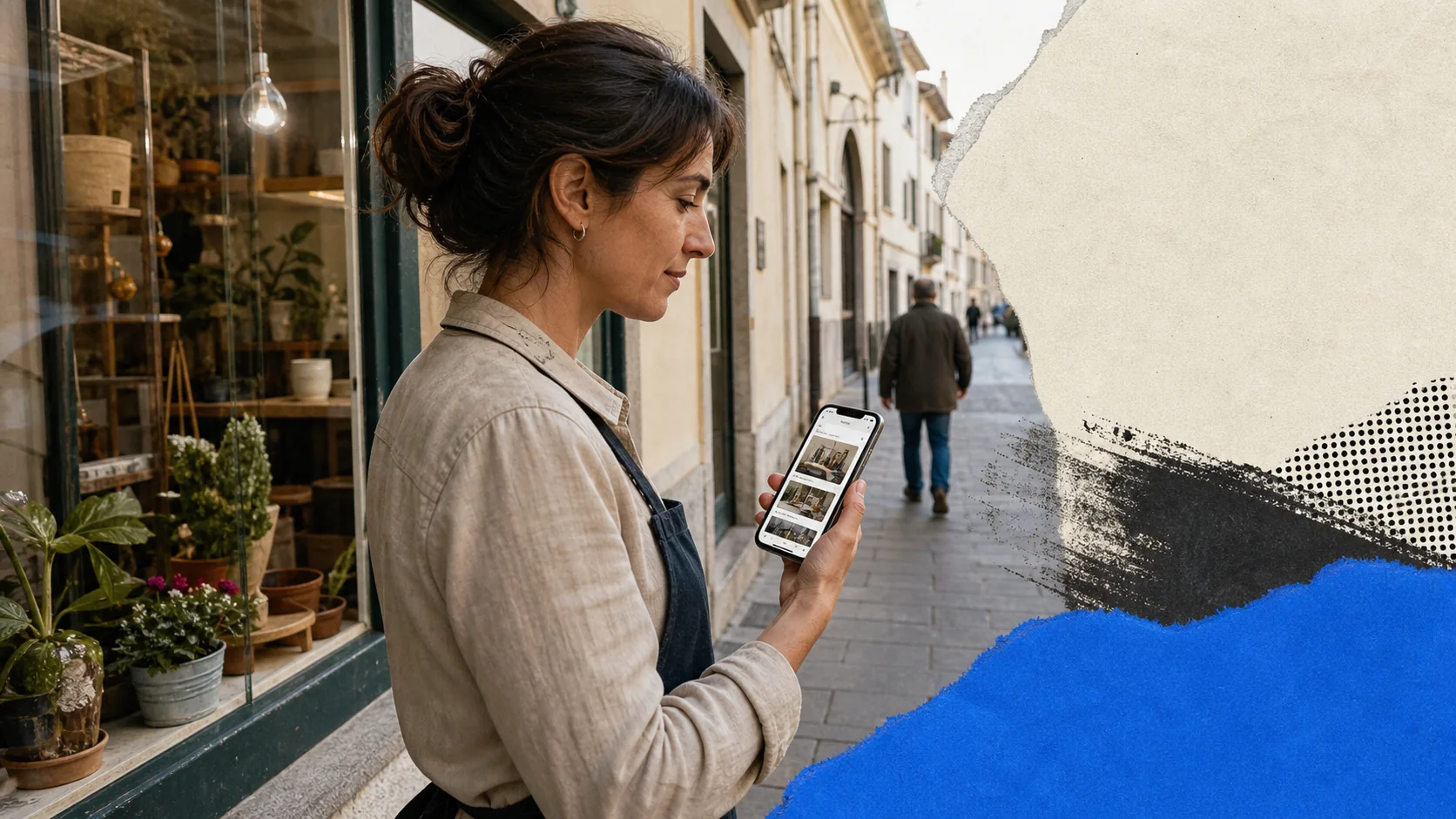 La titolare di un negozio confronta la propria vetrina reale con il sito aperto sul telefono