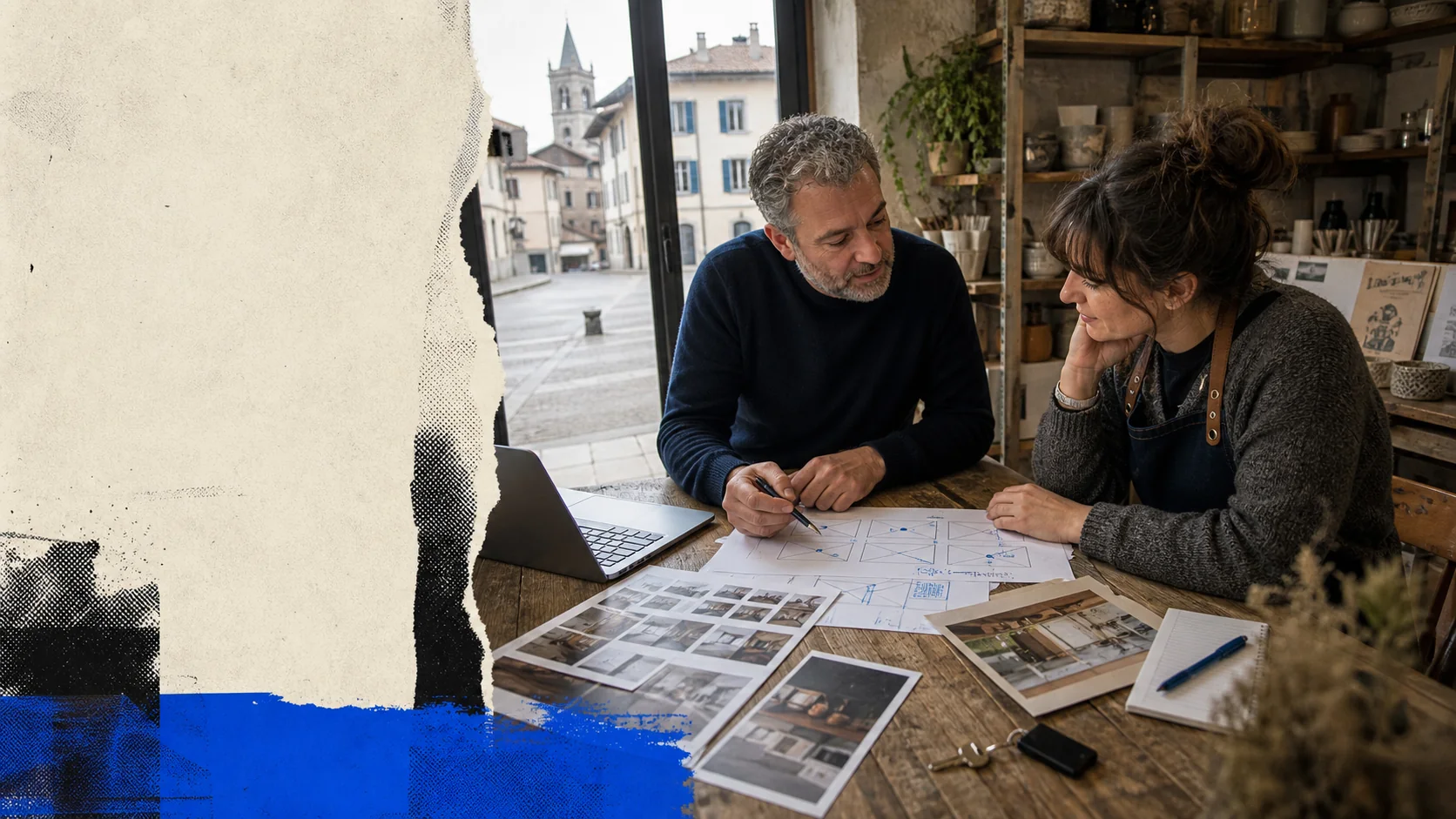 Una consulenza sul sito svolta nel negozio del cliente tra fotografie, struttura e materiali reali