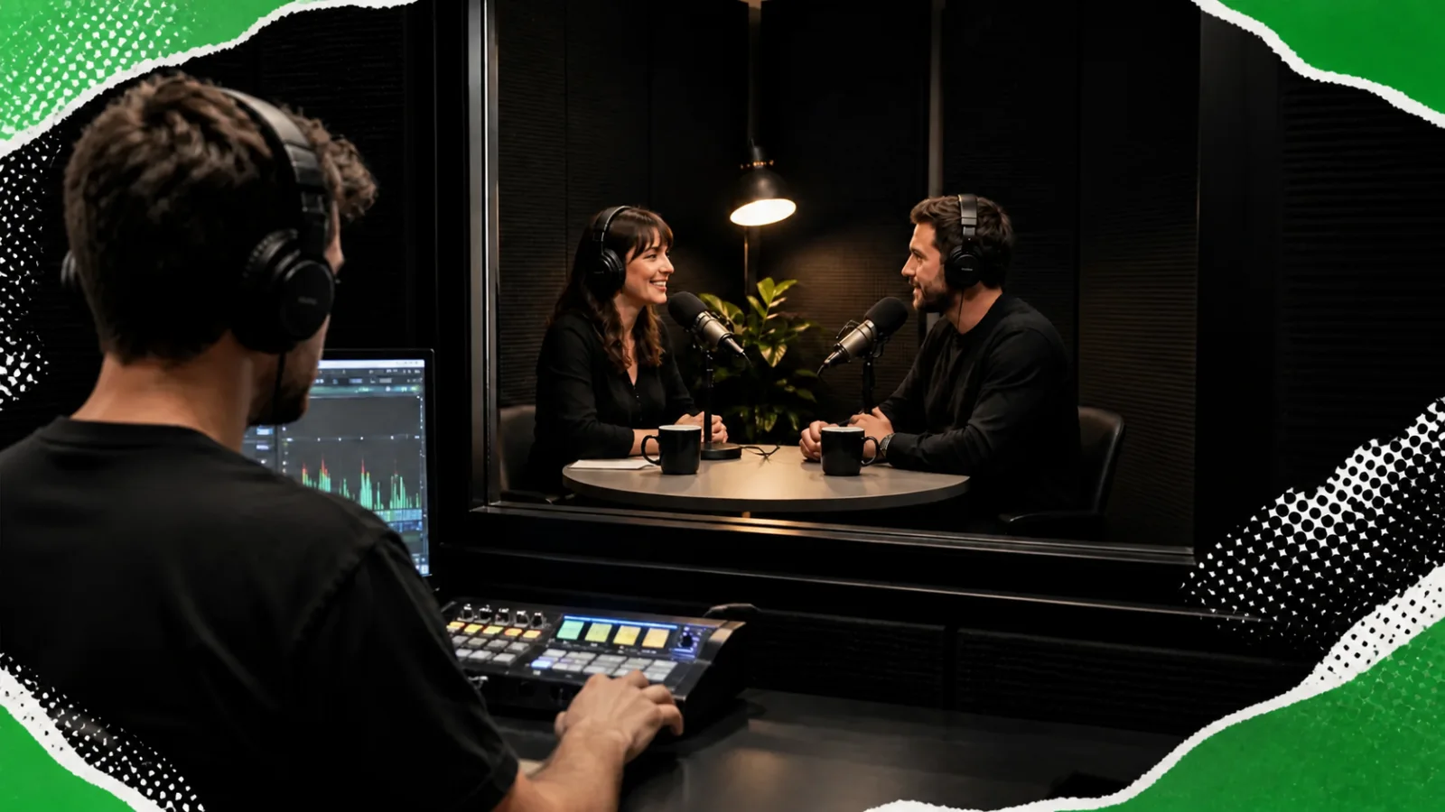 Due professionisti registrano una conversazione mentre il tecnico controlla l'audio dalla regia
