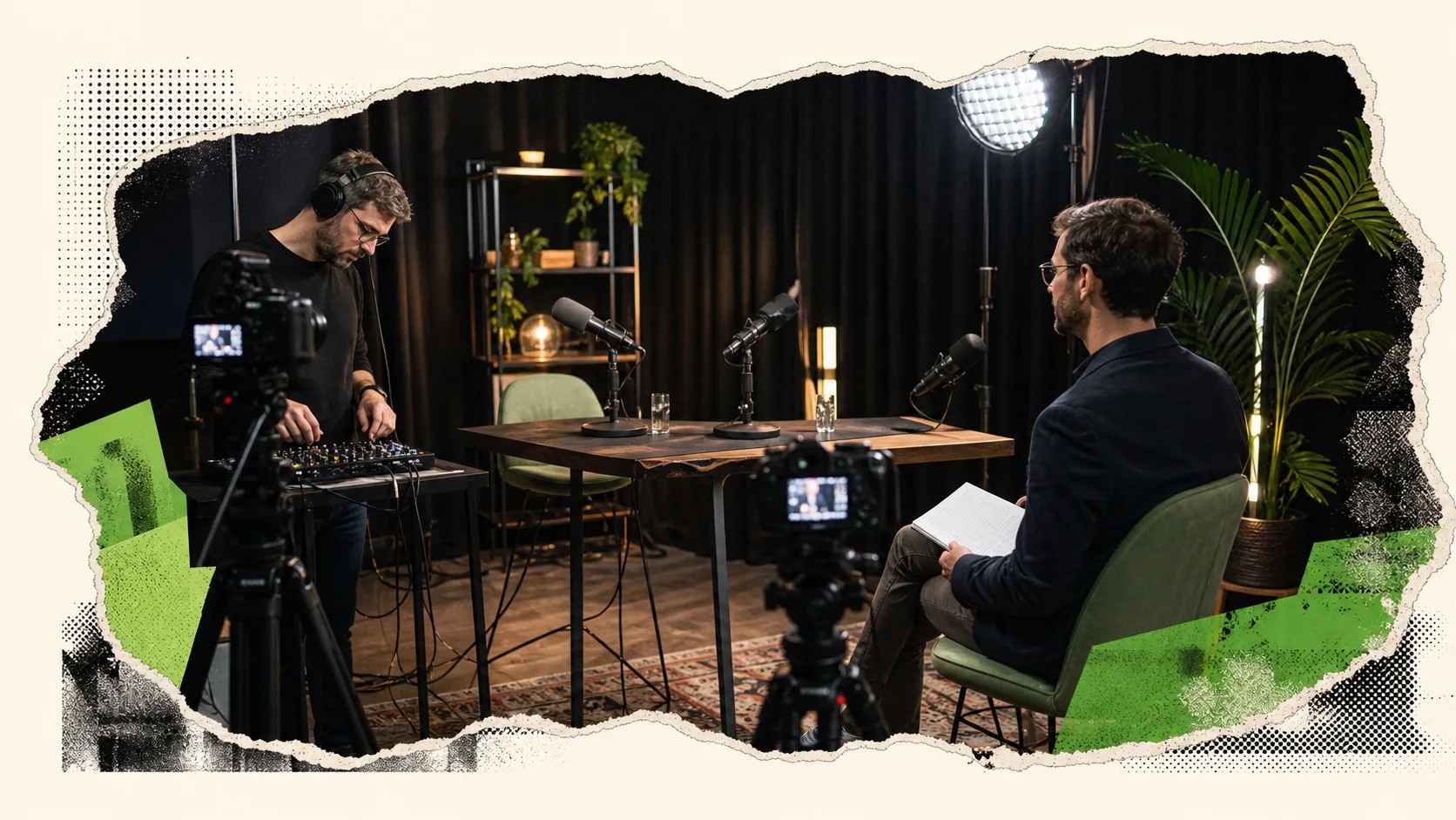 Un ospite trova telecamere, microfoni, luci e regia già preparati nello studio podcast
